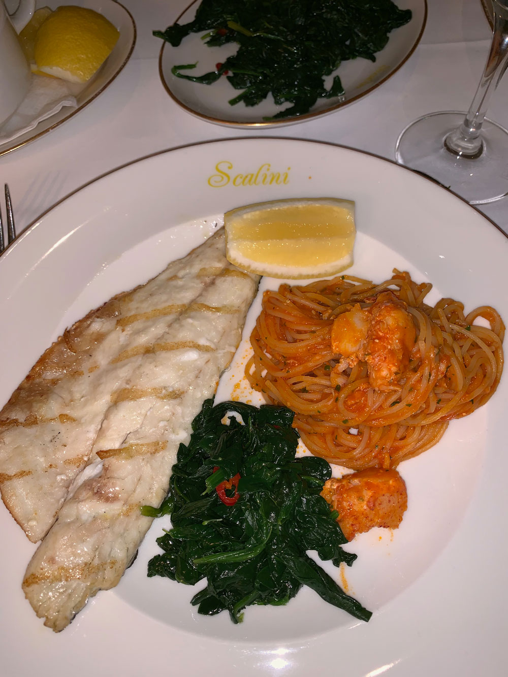 scalini, dubai, restaurant, travel, fish, seabags, spinach, lobster, spaghetti, pasta
